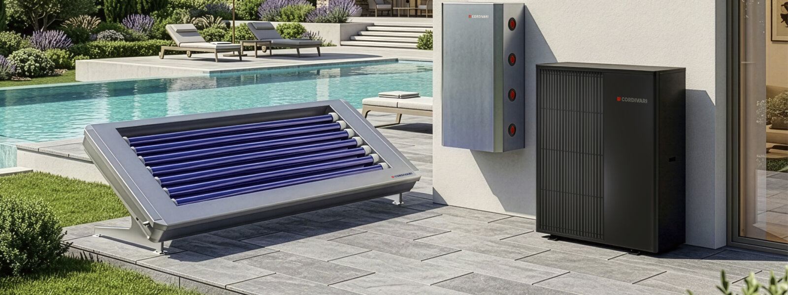 Collettore solare e pompa di calore Cordivari accanto a una piscina
